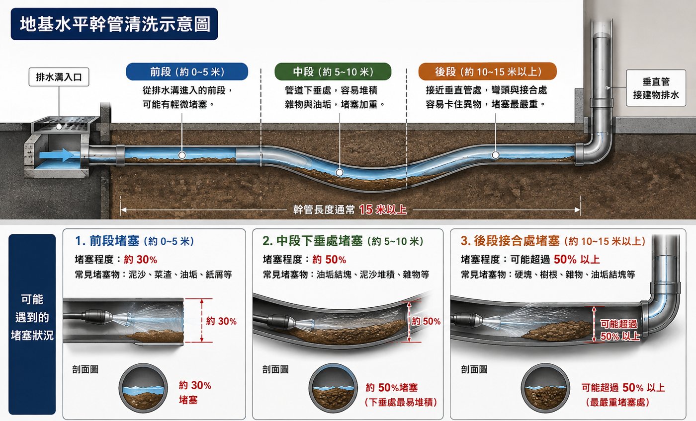 地基水平幹管積料示意圖：前段、中段下垂處、後段接合處
